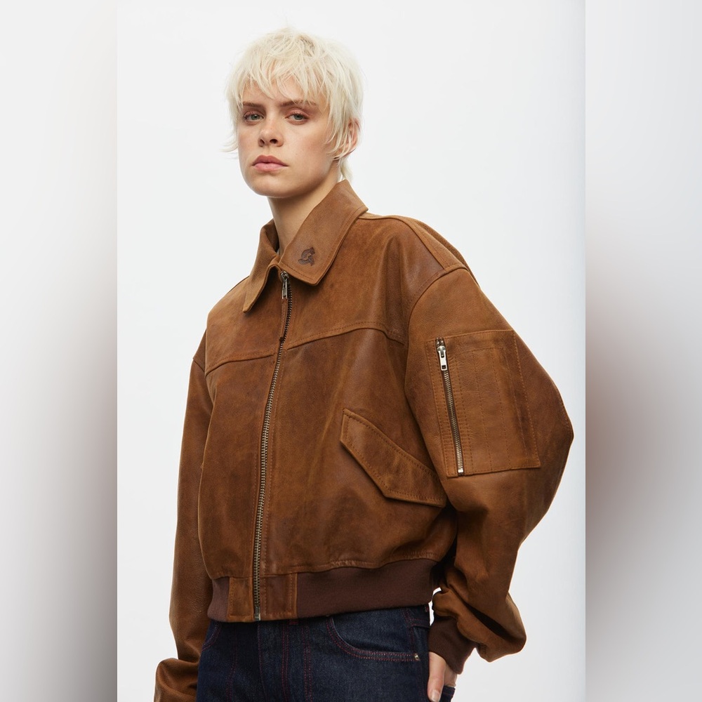 Oval Square Rocky Brown Leather Bomber Jacket